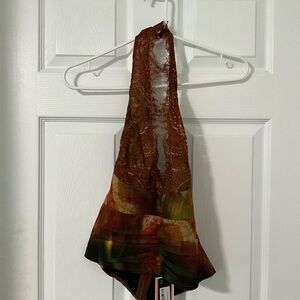 Elegant Brown and Green Lace Halter Top